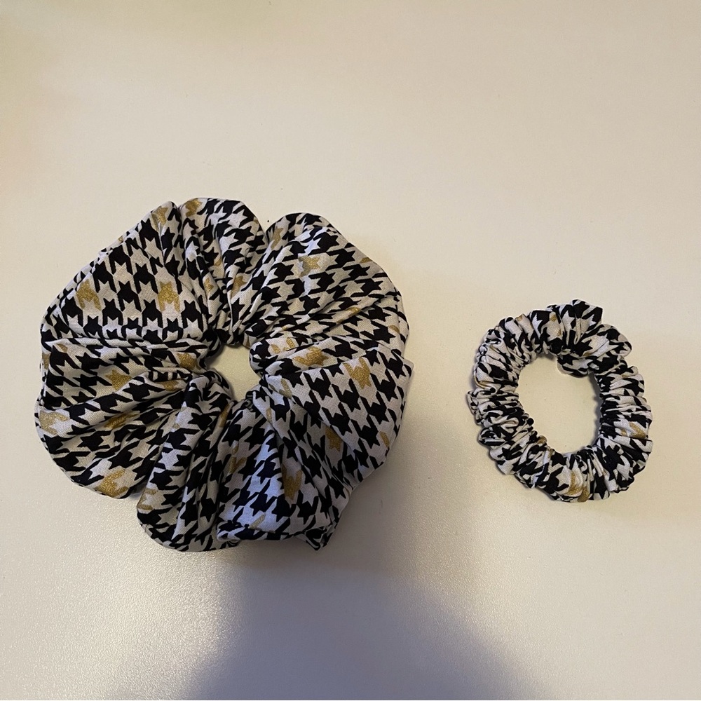 Black and Gold Houdstooth Handmade Cotton Scrunchie set of 2 Sizes XL-S